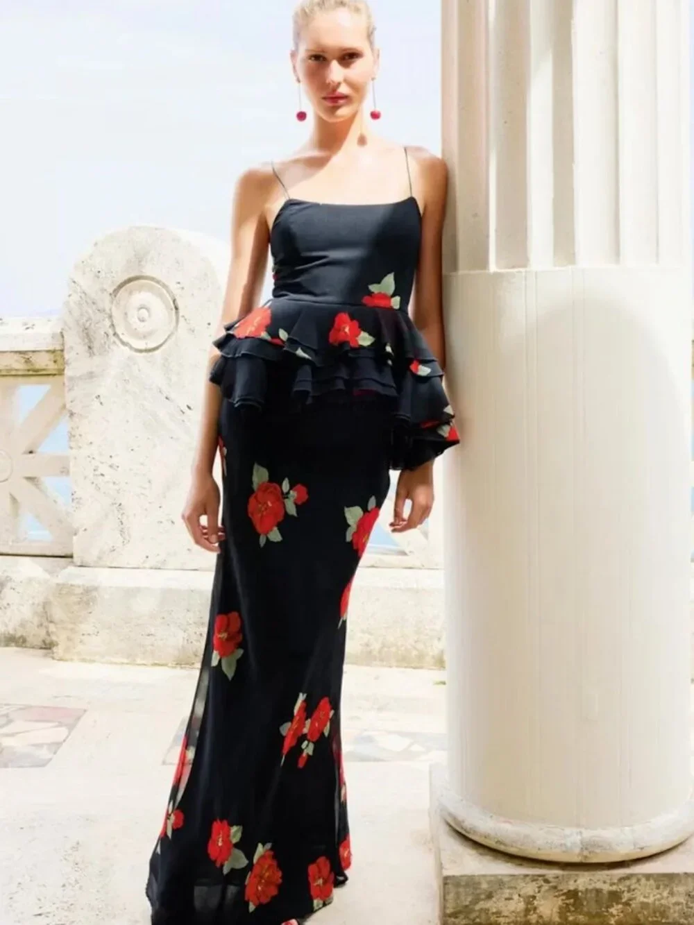 NWT Zara Black Skirt with Red Roses (part of matching set)